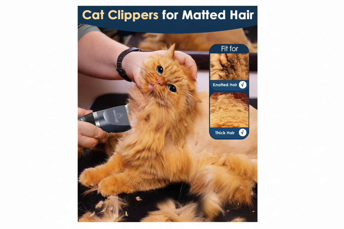 cat grooming clippers trimming matted knotted and thick fur on orange cat showing smooth results