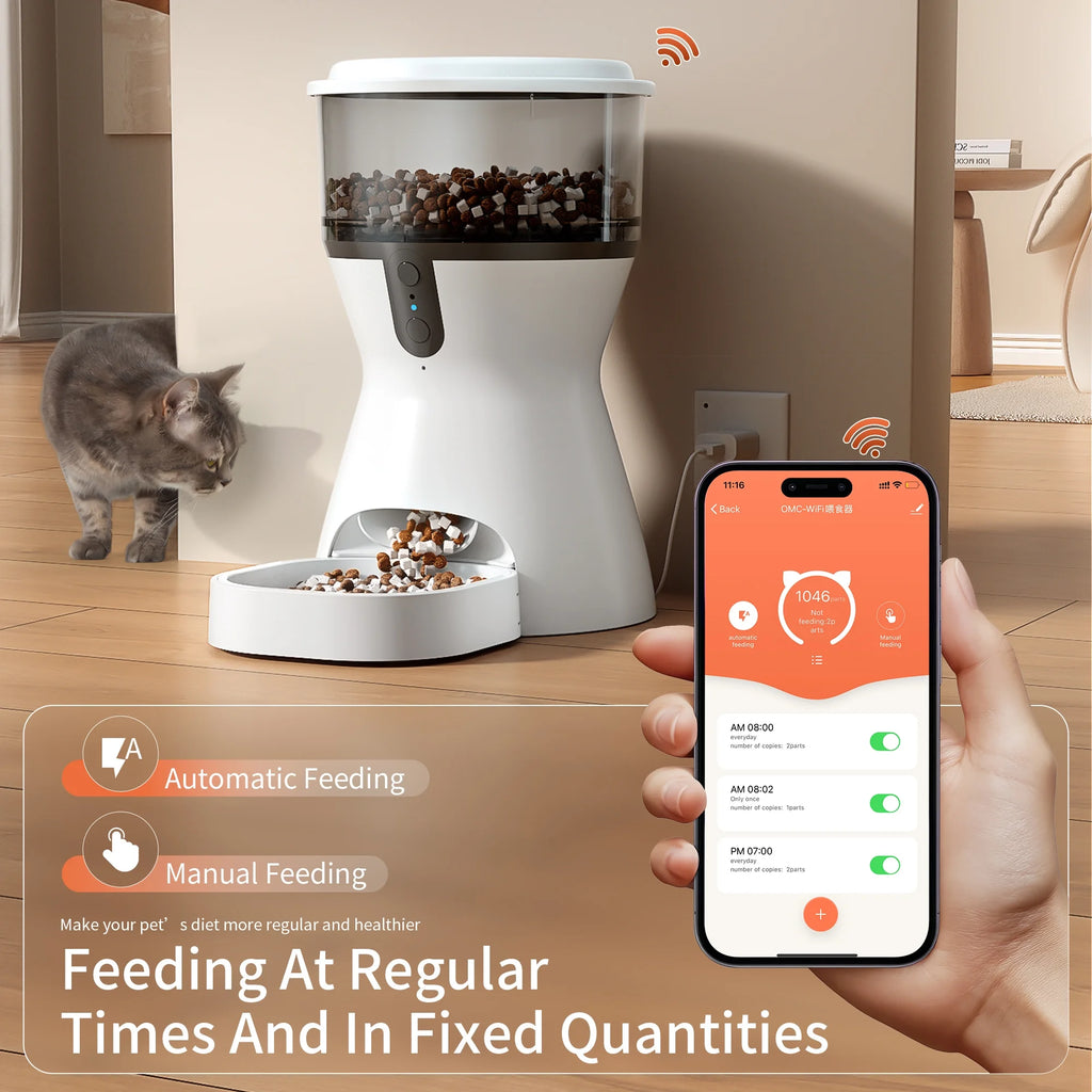 smart pet feeder controlled through mobile app showing scheduled feeding times and portion settings