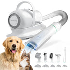 Pet grooming vacuum kit Neakasa P1 Pro with multiple attachments, shown with a golden retriever and a cat.