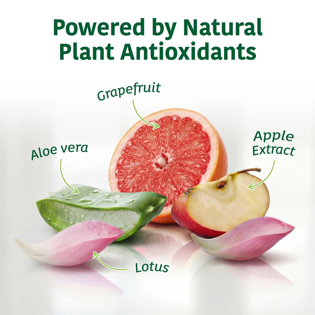 natural plant antioxidants graphic with grapefruit aloe vera apple extract and lotus