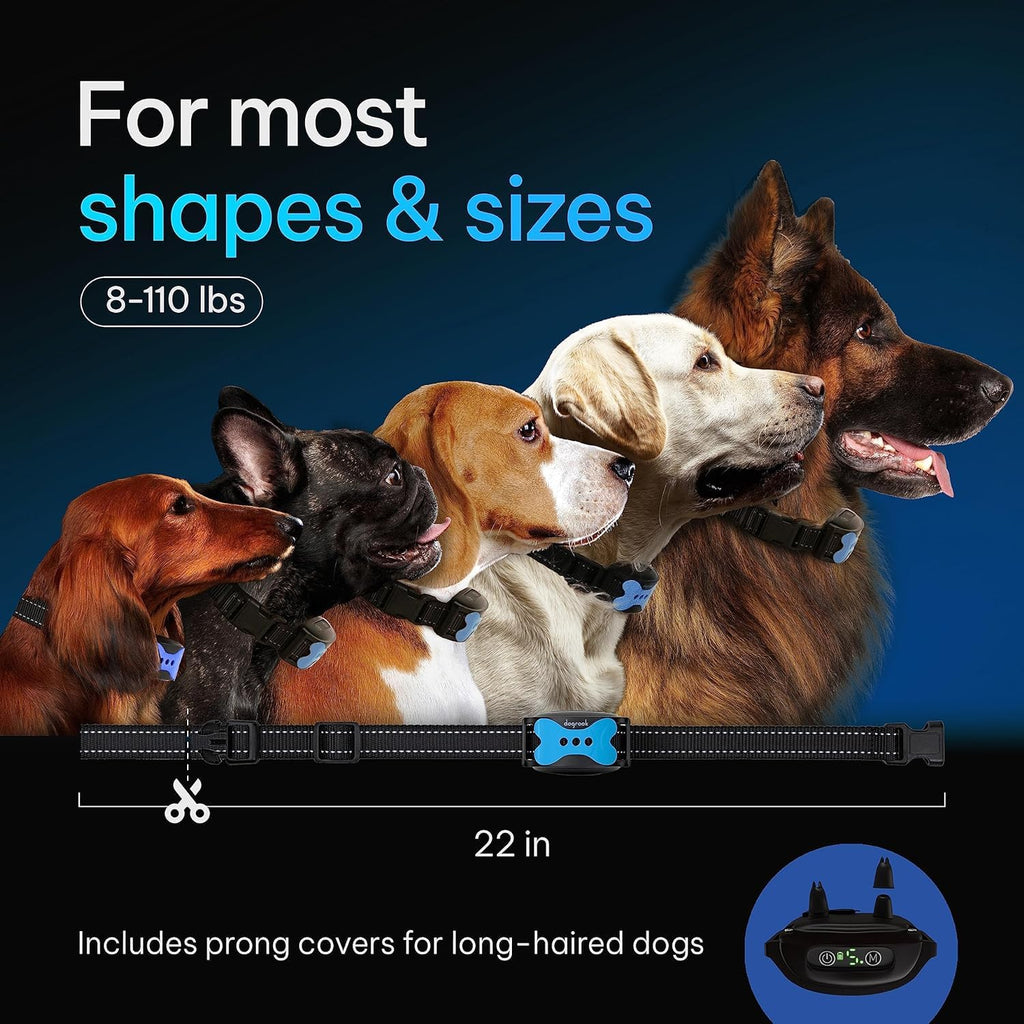 Adjustable dog collar for small to large breeds weighing 8 to 110 lbs with customizable 22-inch cut-to-fit strap.