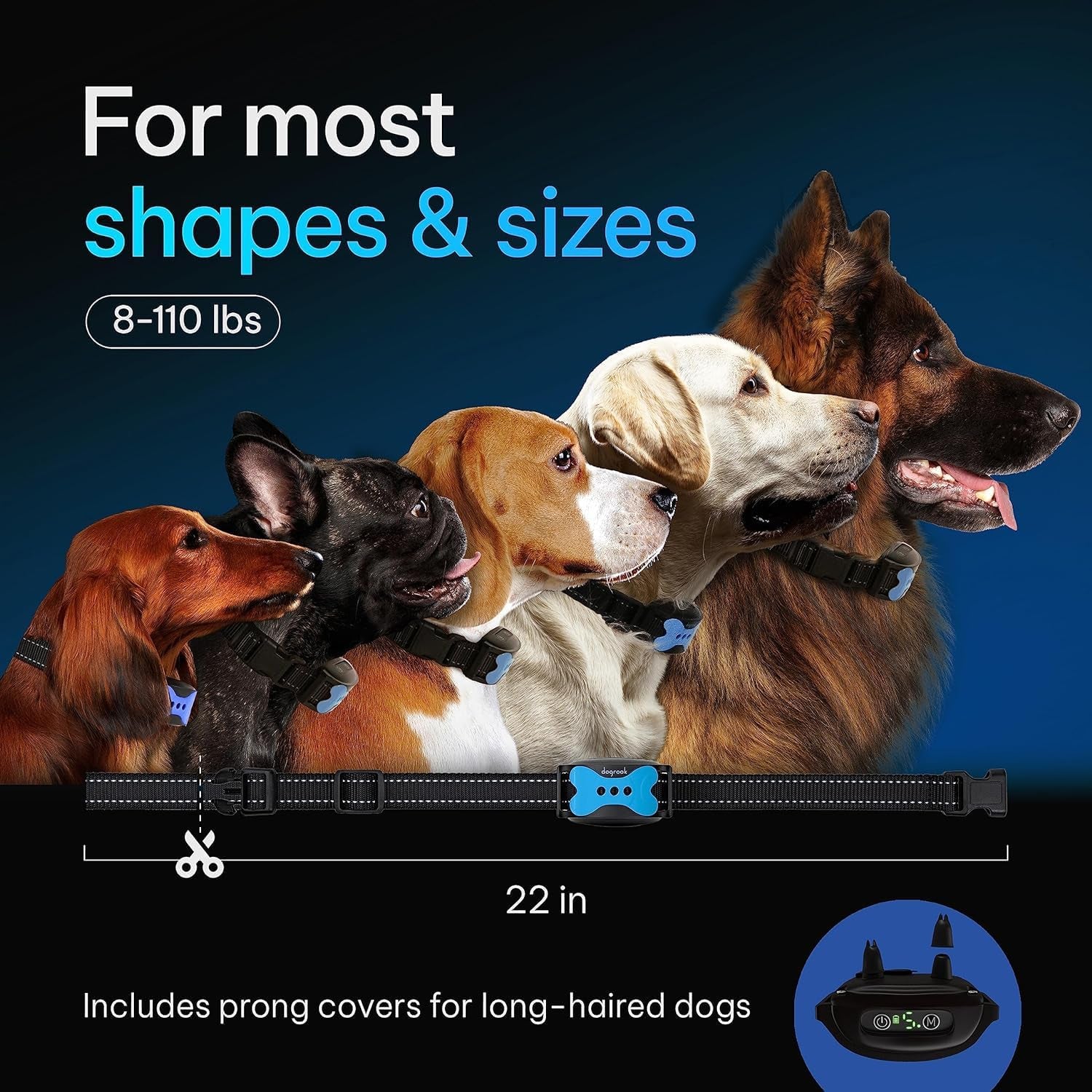 Adjustable dog collar for small to large breeds weighing 8 to 110 lbs with customizable 22-inch cut-to-fit strap.