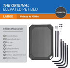 large elevated pet bed gunmetal showing included parts rounded legs side bars end bars screws washers inserts tension tool and mesh fabric