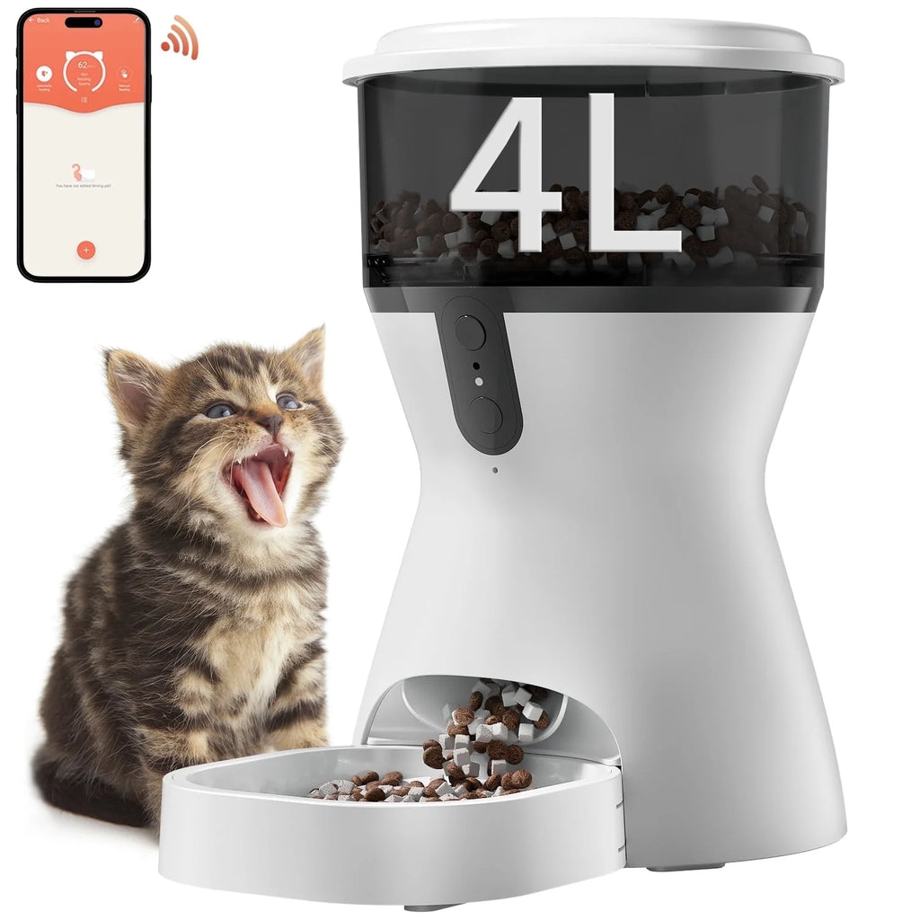 smart automatic pet feeder 4l capacity with cat sitting beside wifi timed dispenser and food bowl