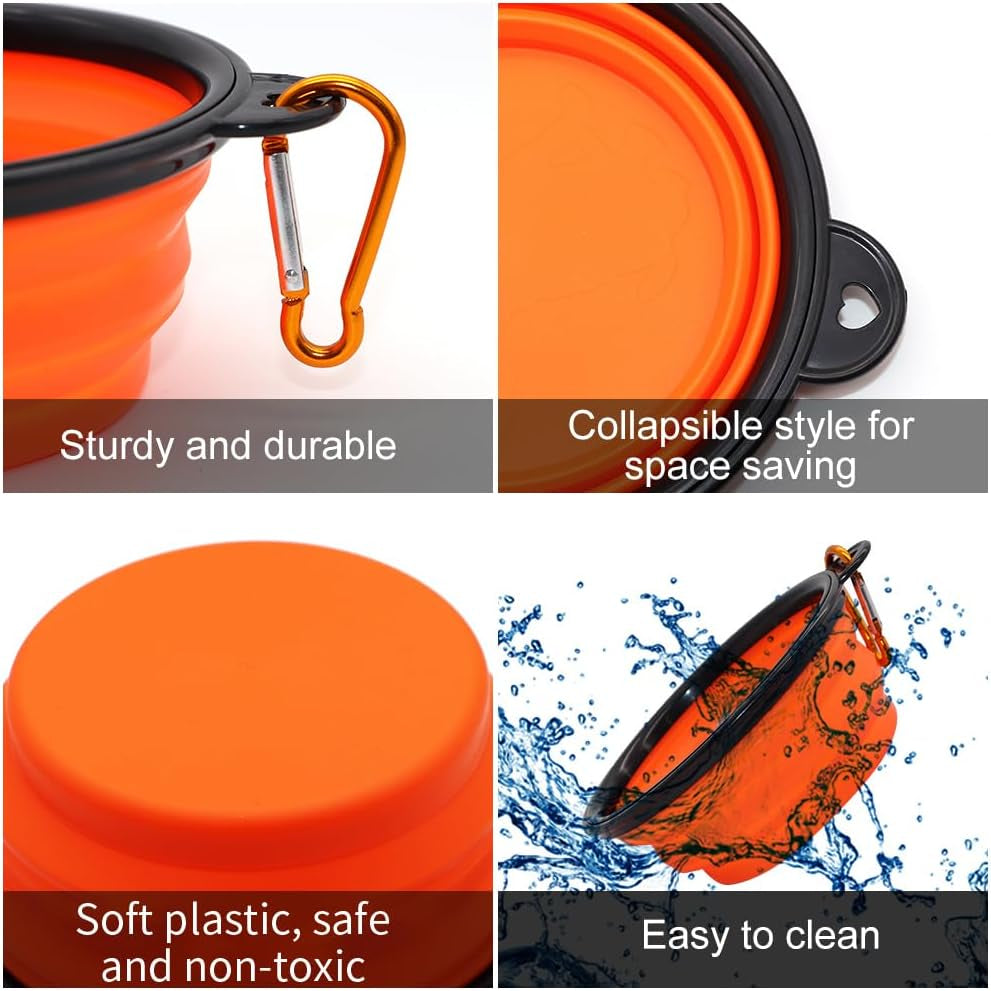 collapsible dog bowls 2 pack shown in multiple angles expanded folded and clipped with carabiners for easy travel and outdoor use