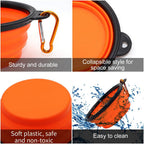 collapsible dog bowls 2 pack shown in multiple angles expanded folded and clipped with carabiners for easy travel and outdoor use
