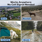 Dog in rural, mountain, camping and woods environments showing GPS tracker works anywhere without cell signal.