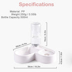 automatic pet water dispenser specifications showing bowl dimensions water capacity food grade materials and easy clean design