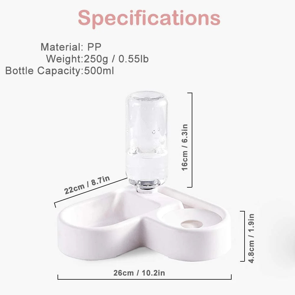 automatic pet water dispenser specifications showing bowl dimensions water capacity food grade materials and easy clean design