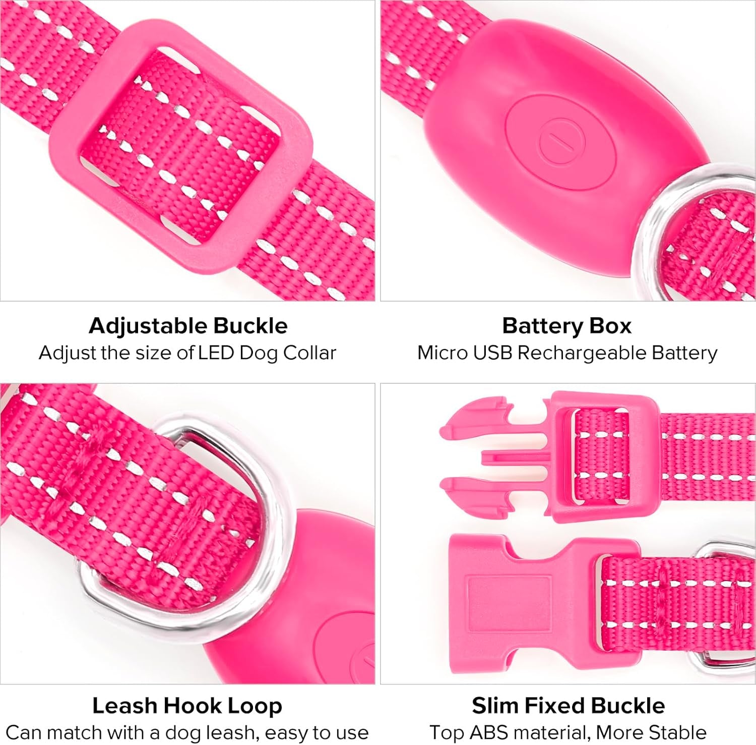 micro USB rechargeable LED pet collar close up showing charging port and cable
