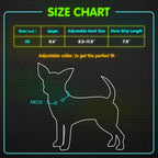 LED pet collar size chart showing neck measurements and XS collar length for small pets