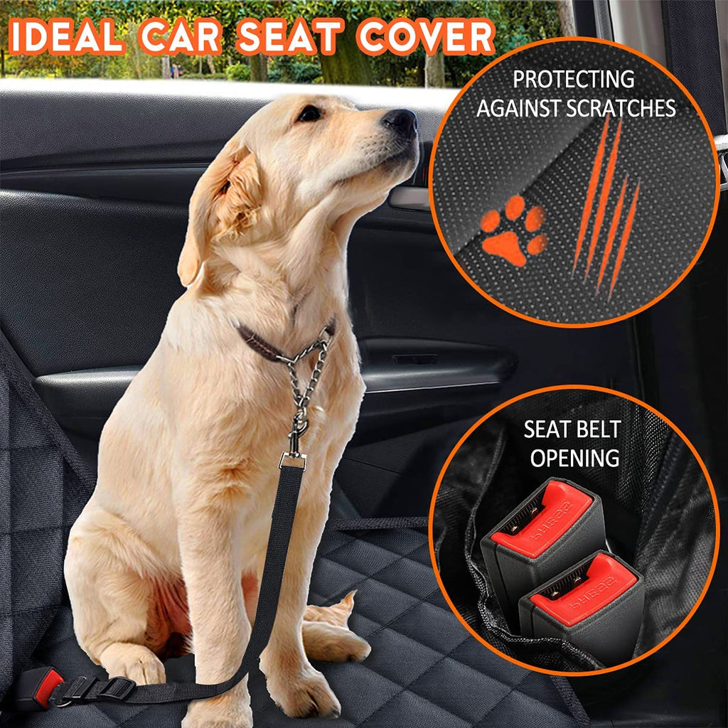 installation steps showing adjustable headrest straps seat anchors and buckle attachments for securing dog car seat cover