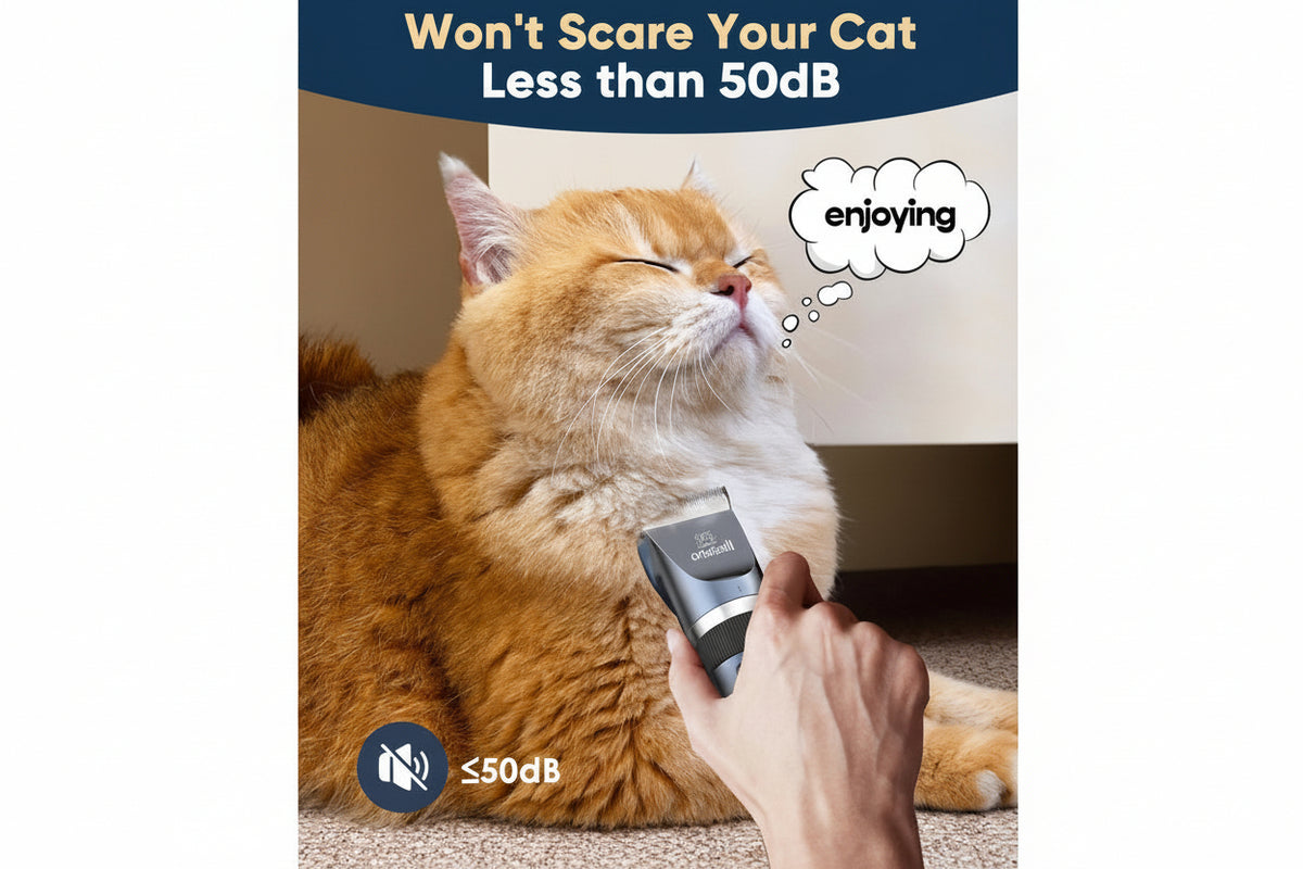 quiet cat grooming clipper less than 50db trimming relaxed orange cat enjoying low noise