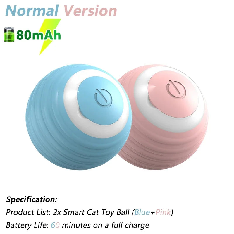 smart automatic cat toy balls blue and pink normal version with 80mah battery and 60 minute playtime shown as 2 pack interactive rolling toys for pets