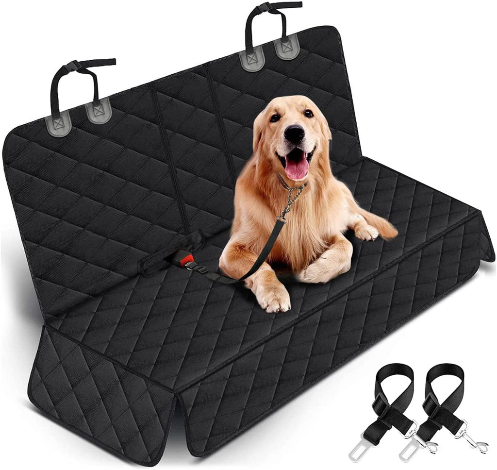 dog sitting on black waterproof non slip car seat cover with armrest access and adjustable straps installed on back seat