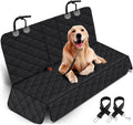 dog sitting on black waterproof non slip car seat cover with armrest access and adjustable straps installed on back seat