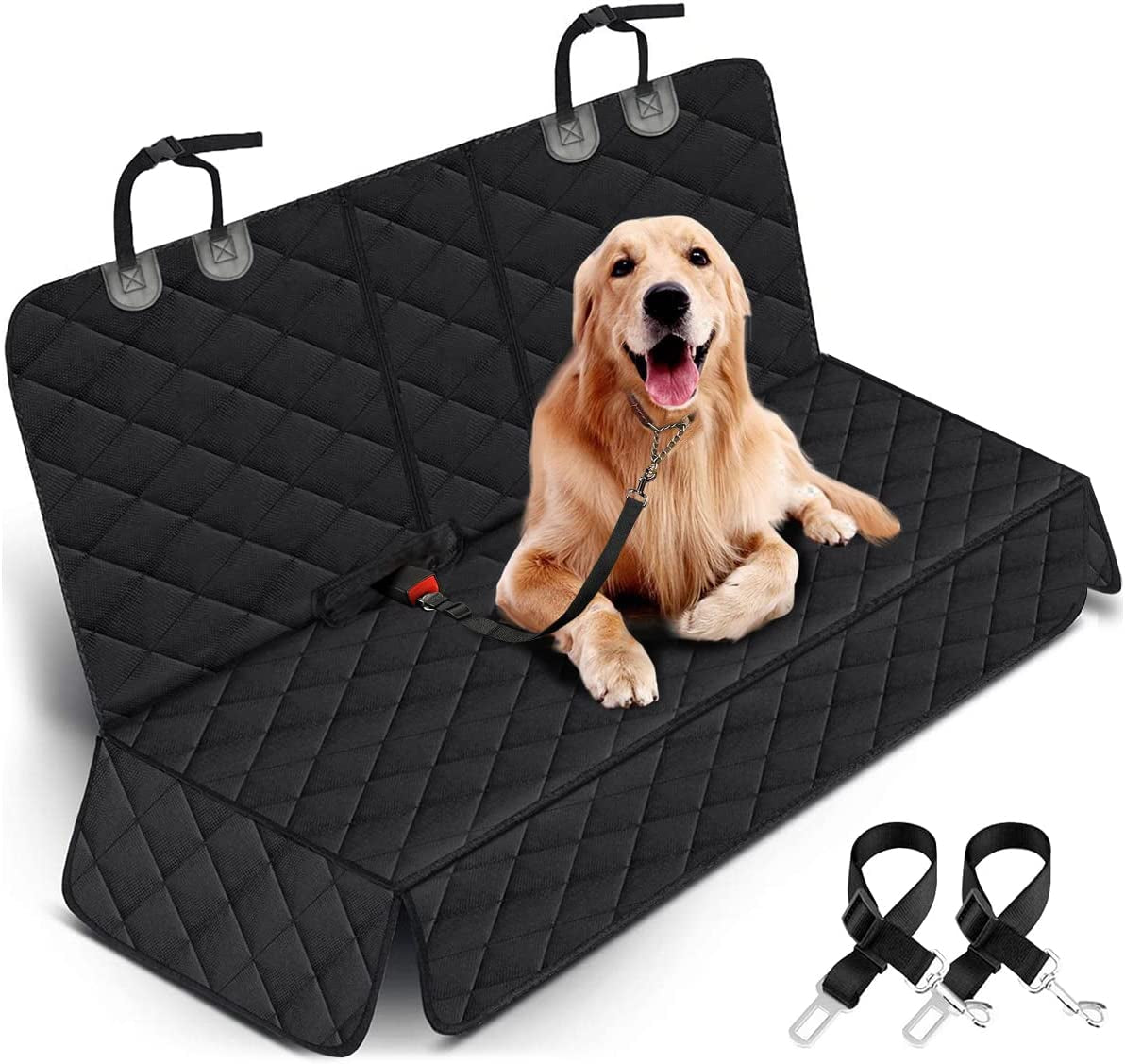 dog sitting on black waterproof non slip car seat cover with armrest access and adjustable straps installed on back seat