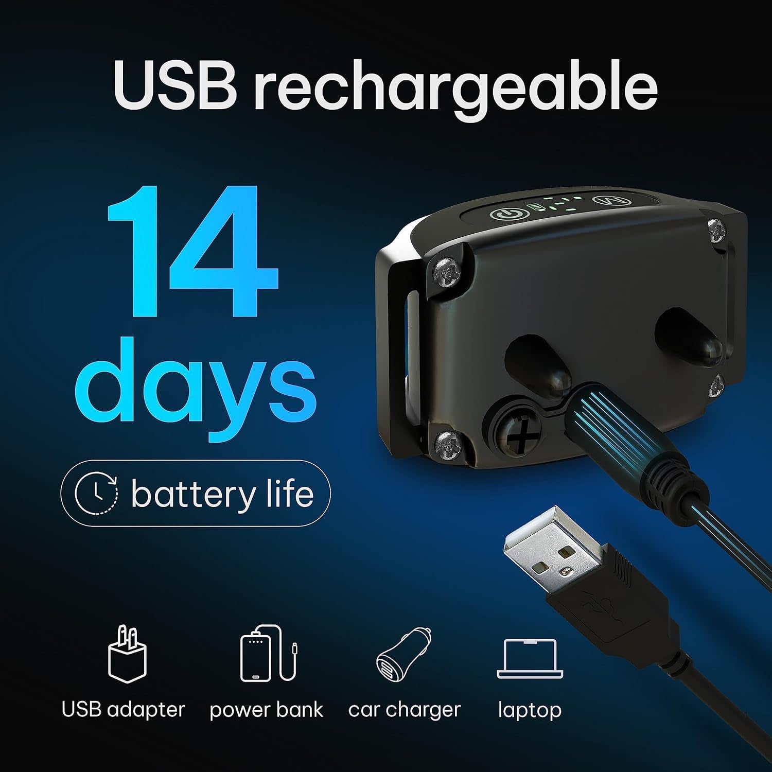 USB rechargeable DogRook bark collar with long-lasting 14-day battery life and multiple charging options