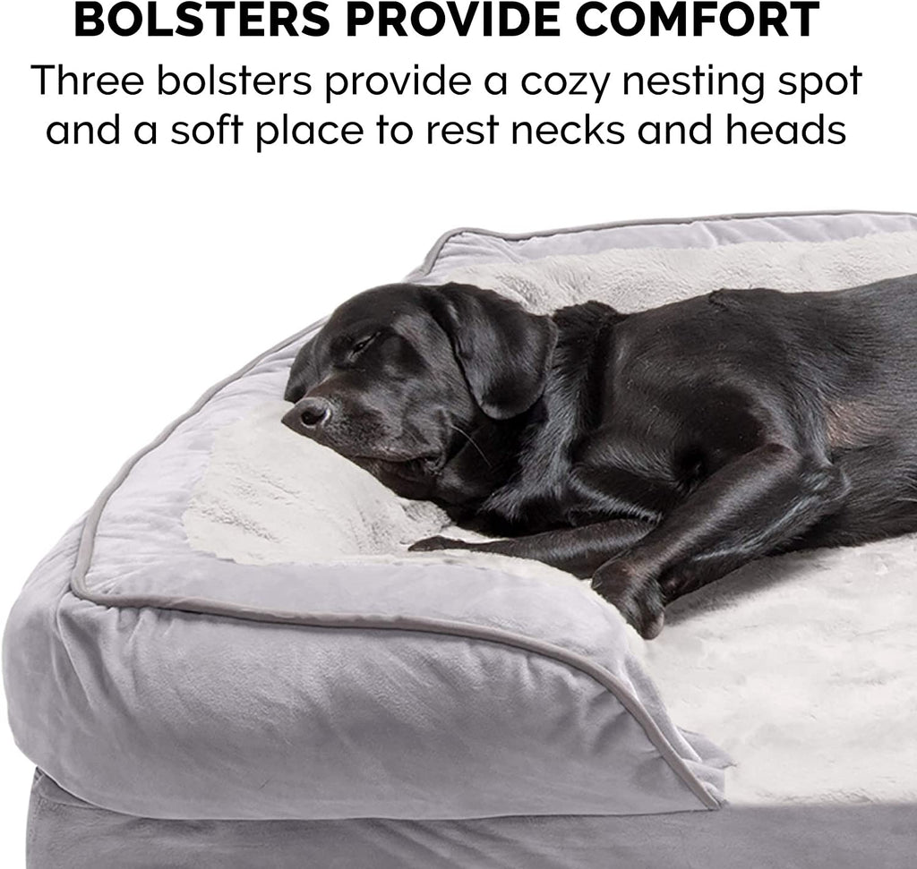 orthopedic dog bed with raised bolsters providing head and neck support granite gray