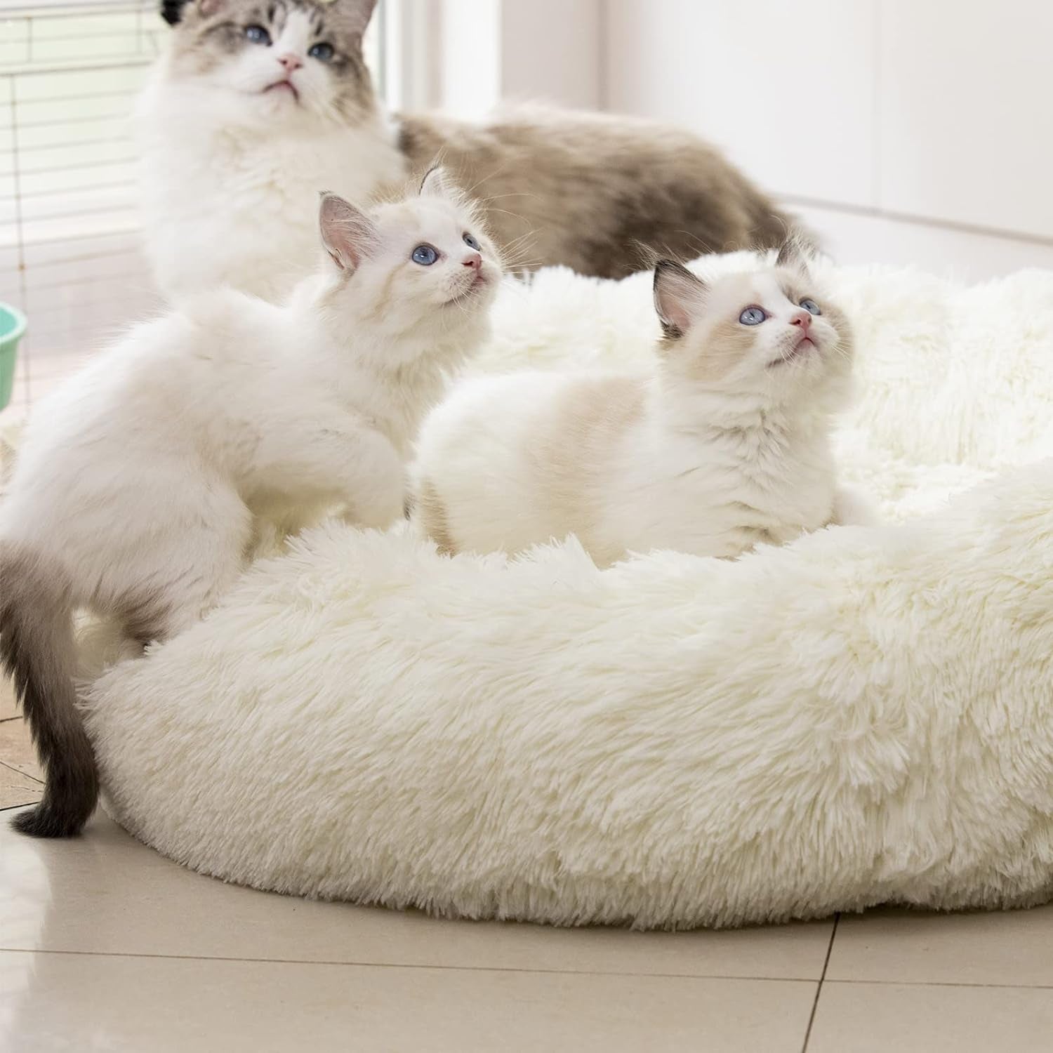 white donut cat bed plush faux fur round calming bed for stress relief and comfort