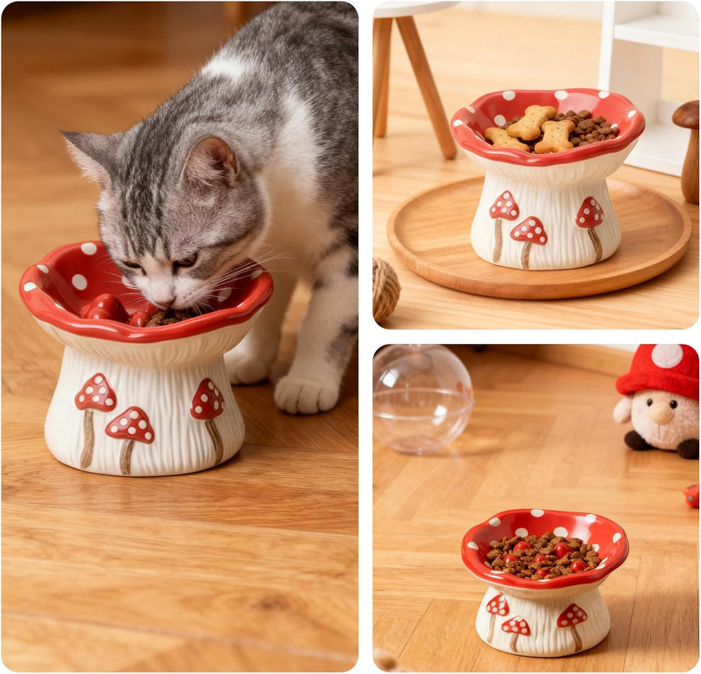 Ceramic mushroom‑design pet bowl shown in multiple views, including a cat eating, bowl with treats on a tray, and bowl filled with kibble.