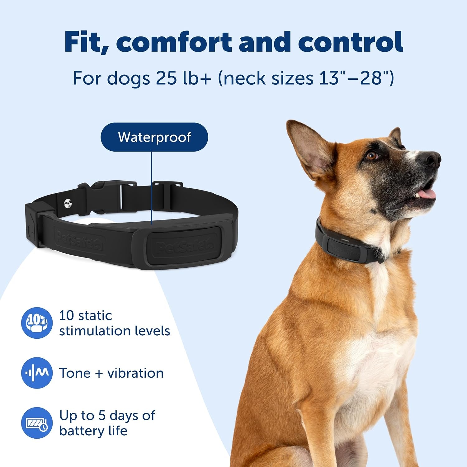 Dog wearing a PetSafe training collar with waterproof design, tone, vibration and static levels for safe control.