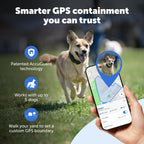 Dog running in yard while smartphone shows custom GPS boundary using wireless containment system.