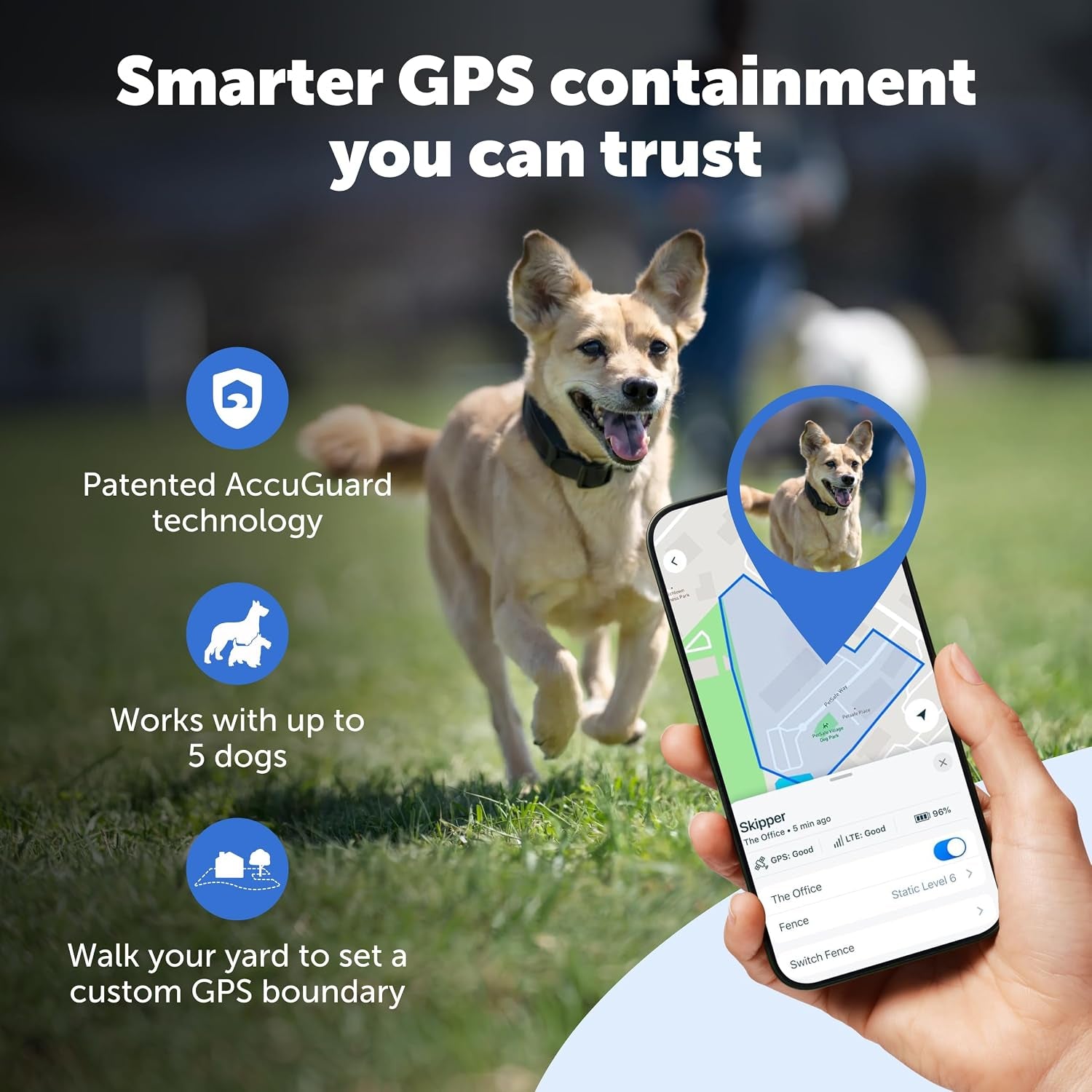 Dog running in yard while smartphone shows custom GPS boundary using wireless containment system.
