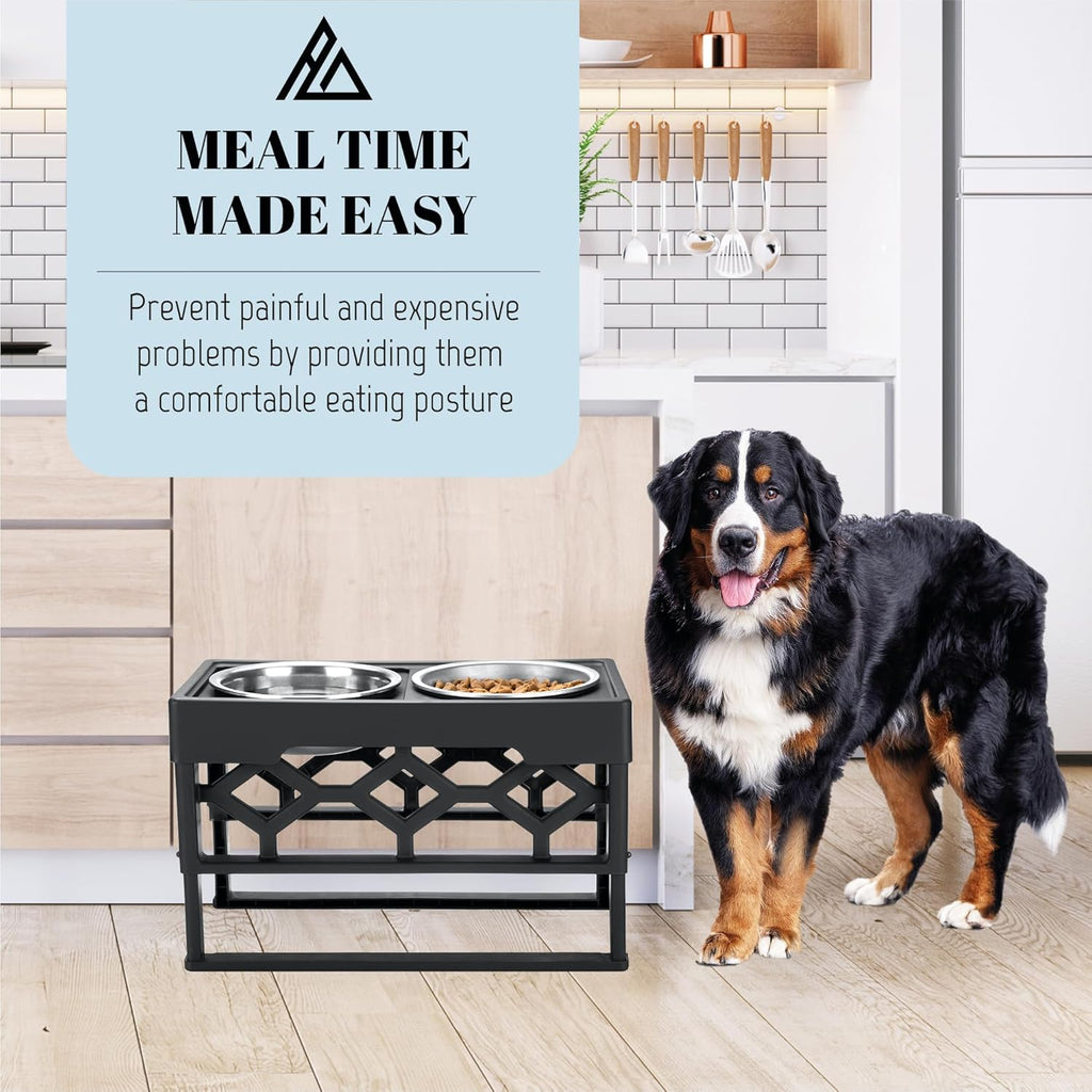 ultimate stability dog feeder with 4.6 lb sturdy frame nudge proof width and reinforced thickness next to large dog