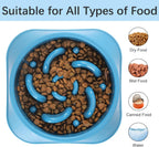 Blue slow feeder dog bowl with maze design filled with kibble, shown as suitable for dry food, wet food, canned food, and water.