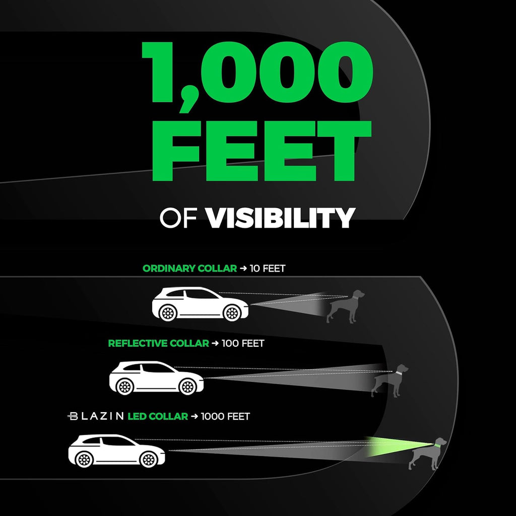  Infographic comparing dog collar visibility showing ordinary collar at 10 ft, reflective collar at 100 ft, and LED collar at 1,000 ft for nighttime safety.