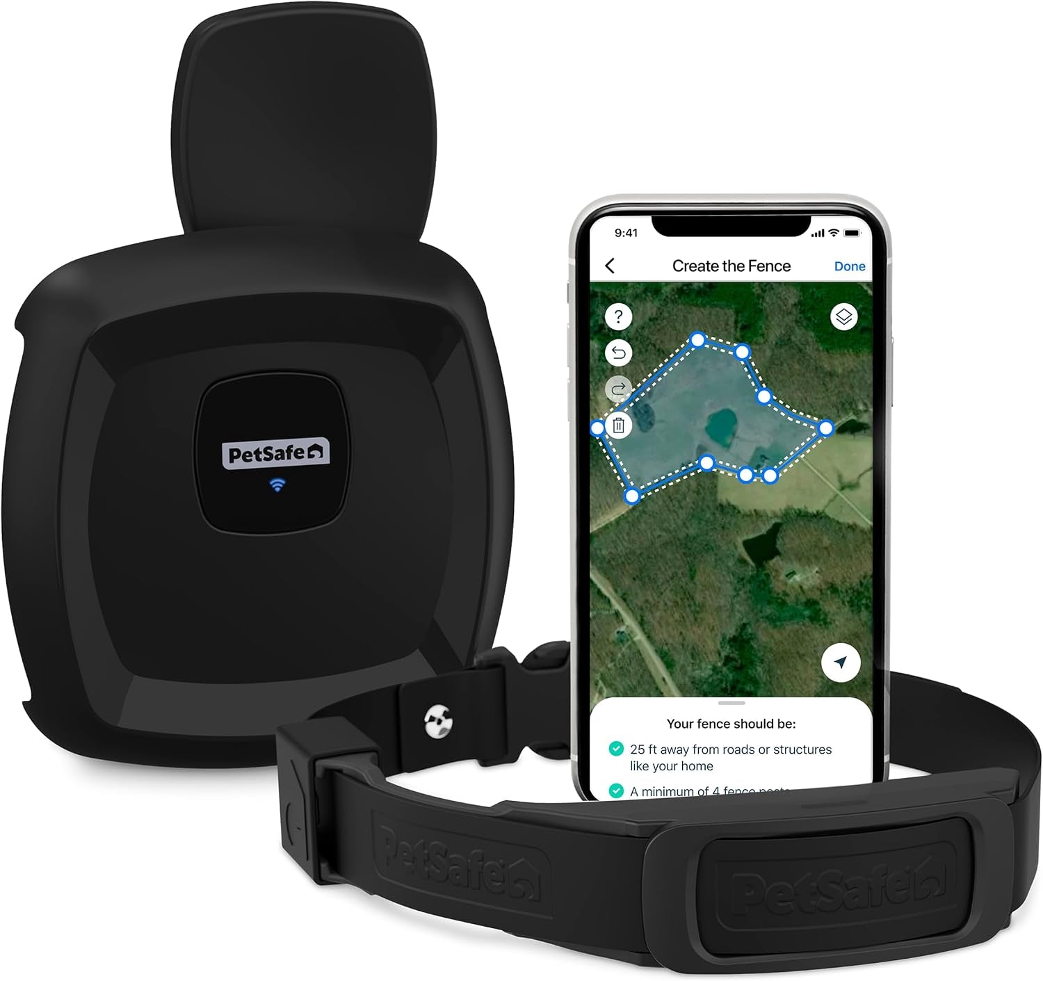 GPS dog fence system with wireless collar and smartphone app showing custom virtual boundary.