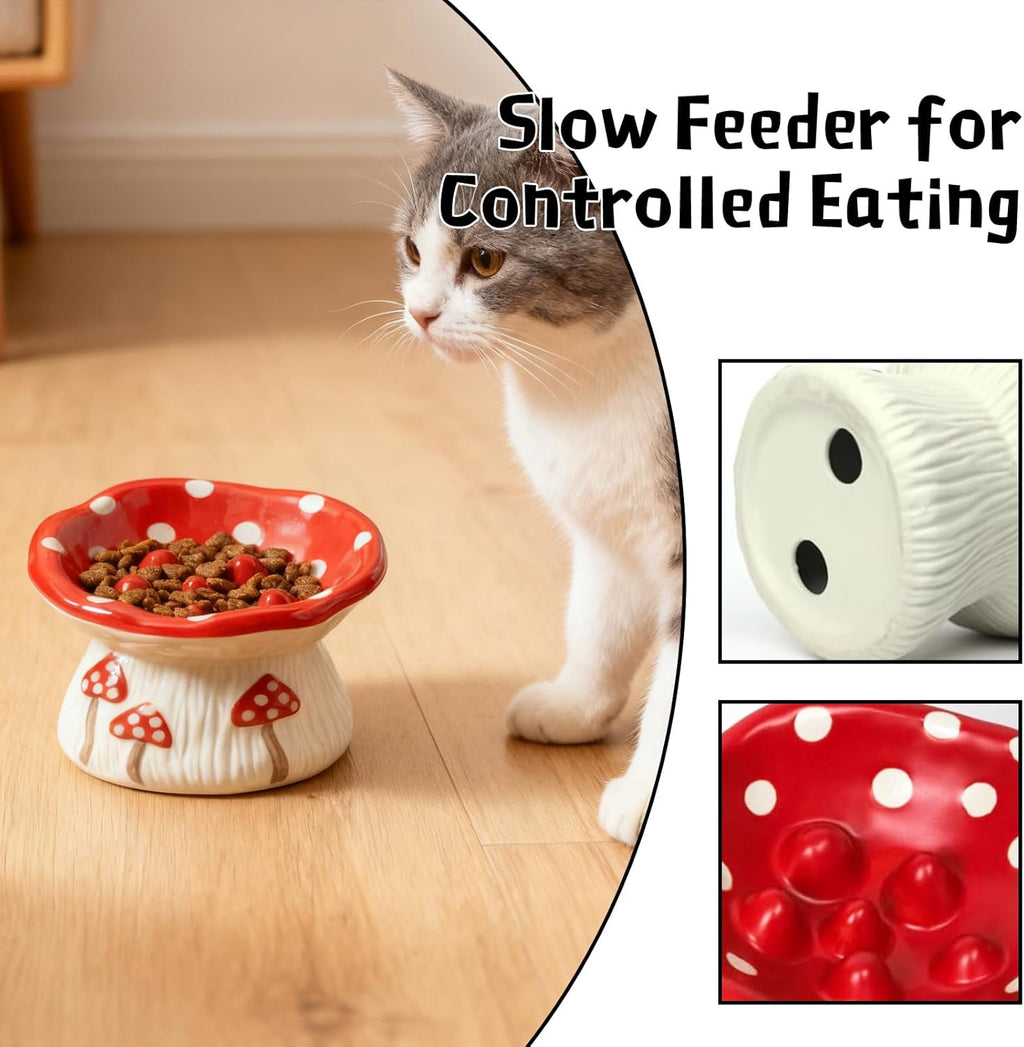 Cat standing near a ceramic mushroom‑design slow feeder bowl with textured interior and underside details for controlled eating.