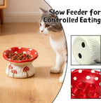 Cat standing near a ceramic mushroom‑design slow feeder bowl with textured interior and underside details for controlled eating.
