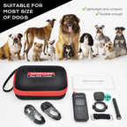 Aorkuler dog GPS tracker kit with handheld controller, collar tracker, carrying case, cables, strap, antenna and quick start guide displayed with dogs of various sizes.