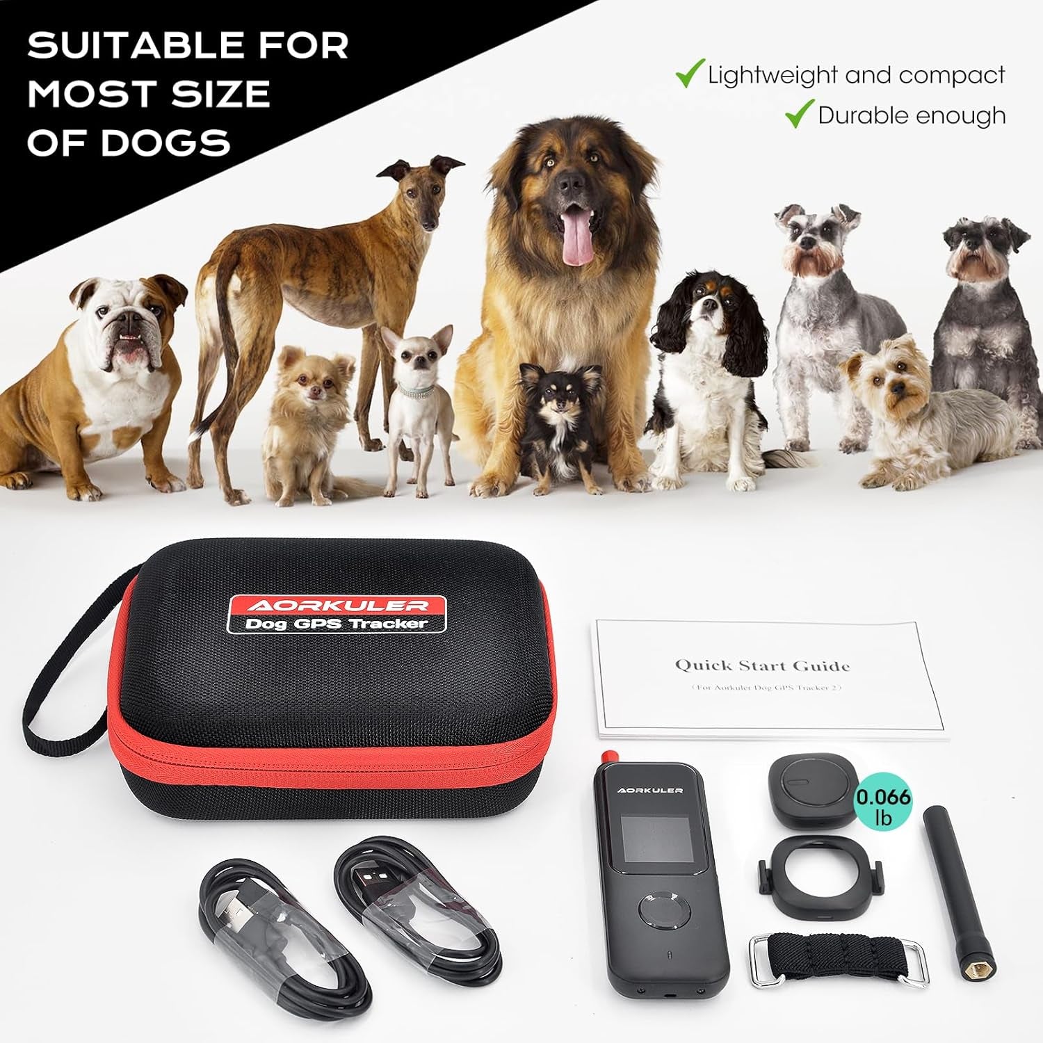 Aorkuler dog GPS tracker kit with handheld controller, collar tracker, carrying case, cables, strap, antenna and quick start guide displayed with dogs of various sizes.