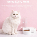 White Angora cat sitting beside an automatic pet feeder with food and water dispenser on a pastel pink background, promoting clean and convenient feeding for cats and dogs.