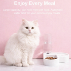 White Angora cat sitting beside an automatic pet feeder with food and water dispenser on a pastel pink background, promoting clean and convenient feeding for cats and dogs.