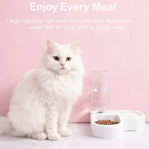 White Angora cat sitting beside an automatic pet feeder with food and water dispenser on a pastel pink background, promoting clean and convenient feeding for cats and dogs.