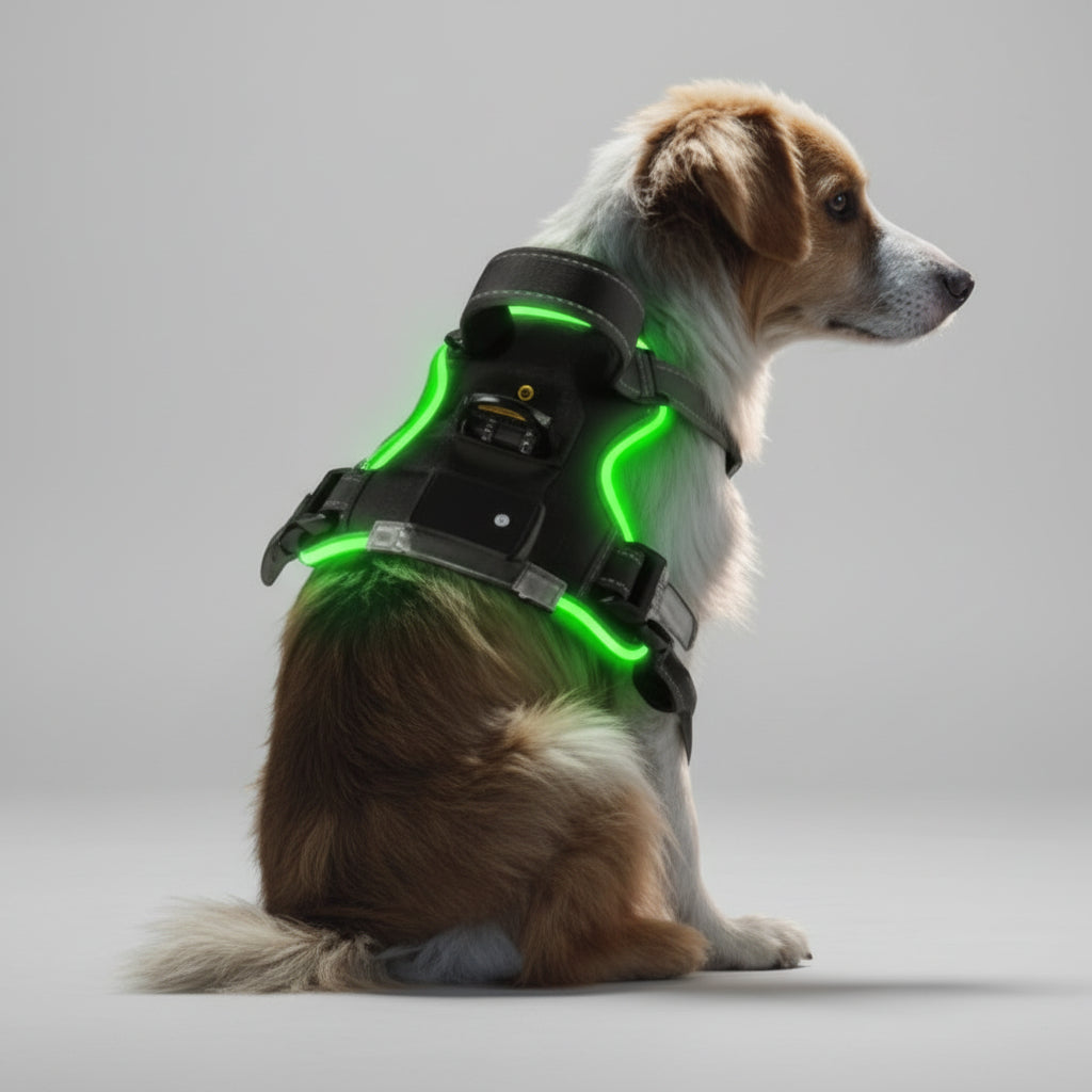 light-up led dog harness with green illuminated straps on dog for nighttime safety