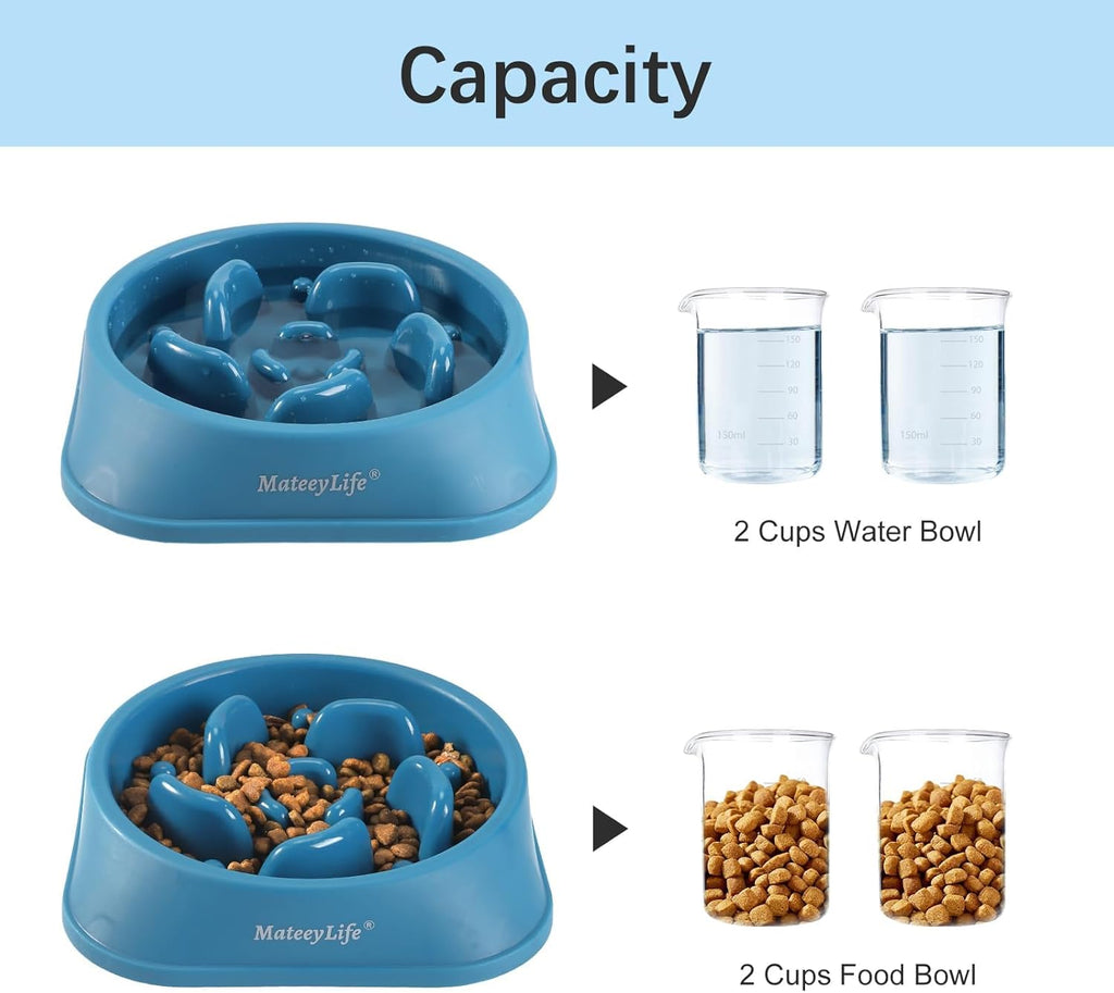 Blue slow feeder dog bowl with maze design showing 2‑cup capacity for water and dry food, displayed alongside measuring beakers.