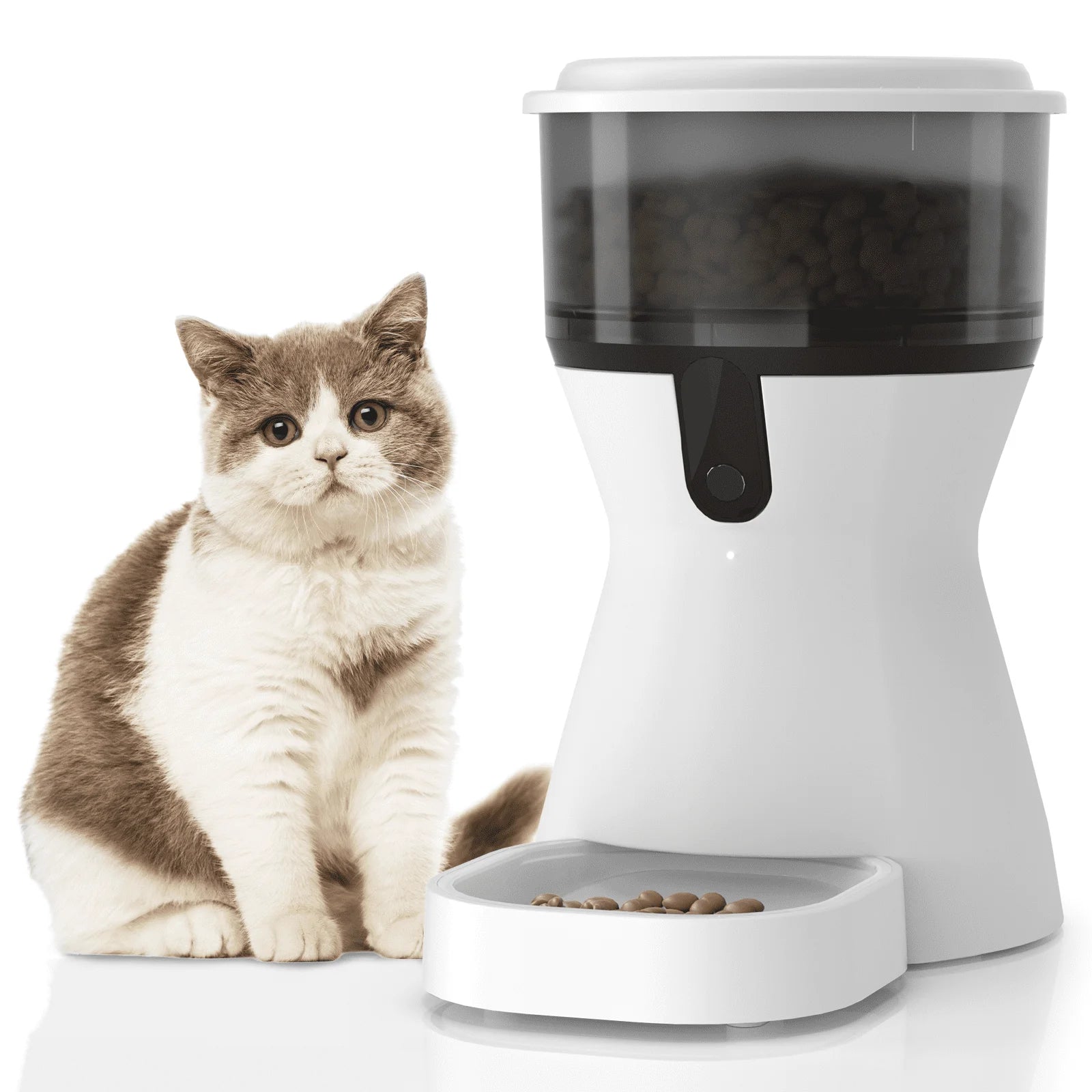 smart automatic pet feeder internal components showing food tank lid sealing system dispensing mechanism and bowl