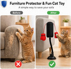 Before-and-after image showing a cat scratching a damaged sofa and then playing with an interactive cat boxing bag toy that protects furniture.