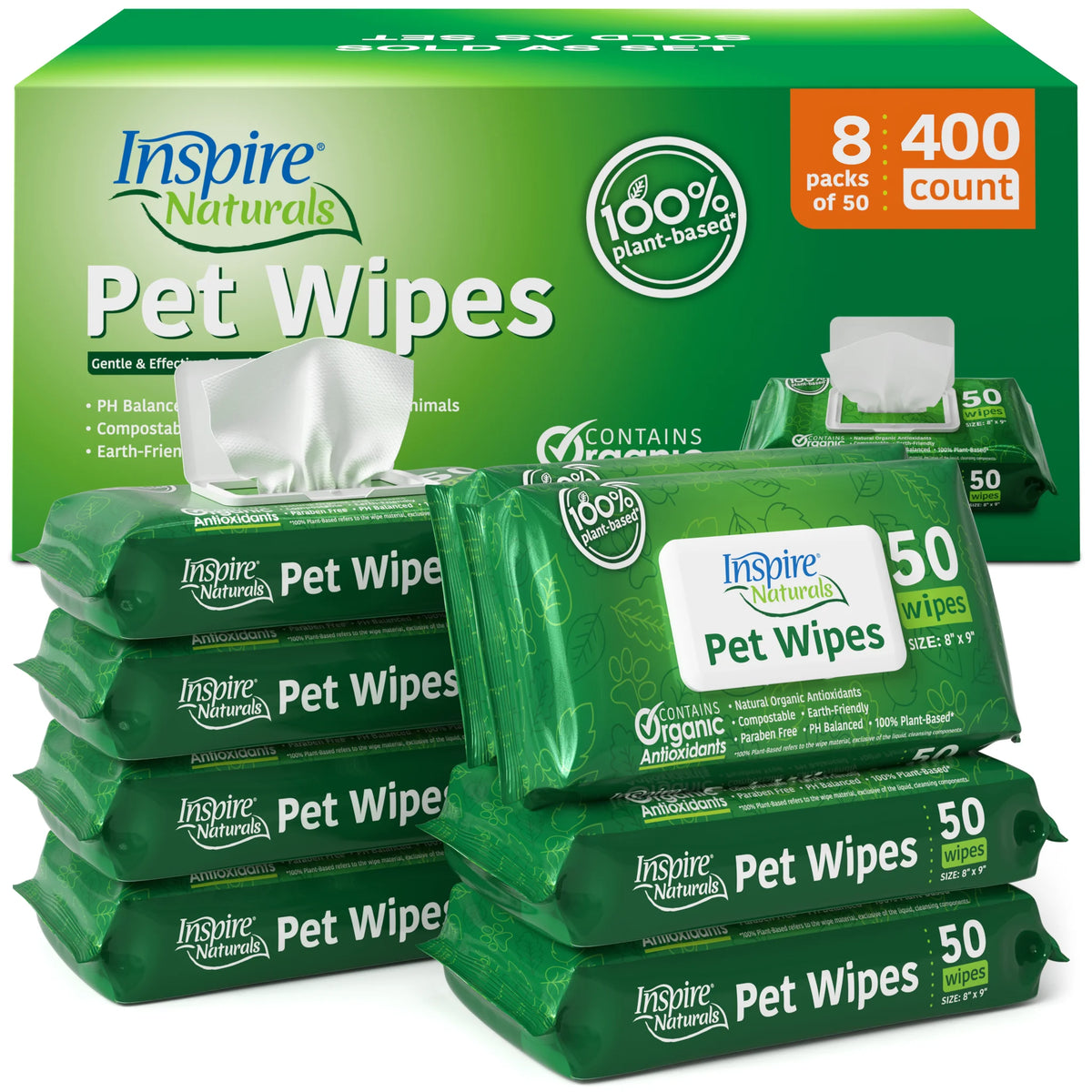 green pack of inspire naturals pet wipes with organic antioxidants plant based 50 count packs