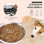 elevated dog bowls with two stainless steel bowls showing 6 cup capacity food grade rust free dishwasher safe design with small dog looking up