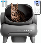 Neakasa automatic self-cleaning litter box with app control and waste bags, featuring a tabby cat inside for an odor-free, scooping-free cat care experience.