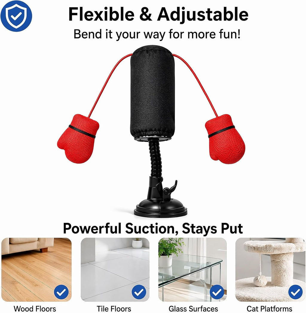 Flexible cat boxing bag toy with adjustable stem, strong suction base, and red boxing gloves shown on multiple compatible surfaces.