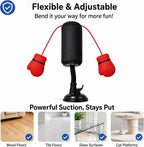 Flexible cat boxing bag toy with adjustable stem, strong suction base, and red boxing gloves shown on multiple compatible surfaces.