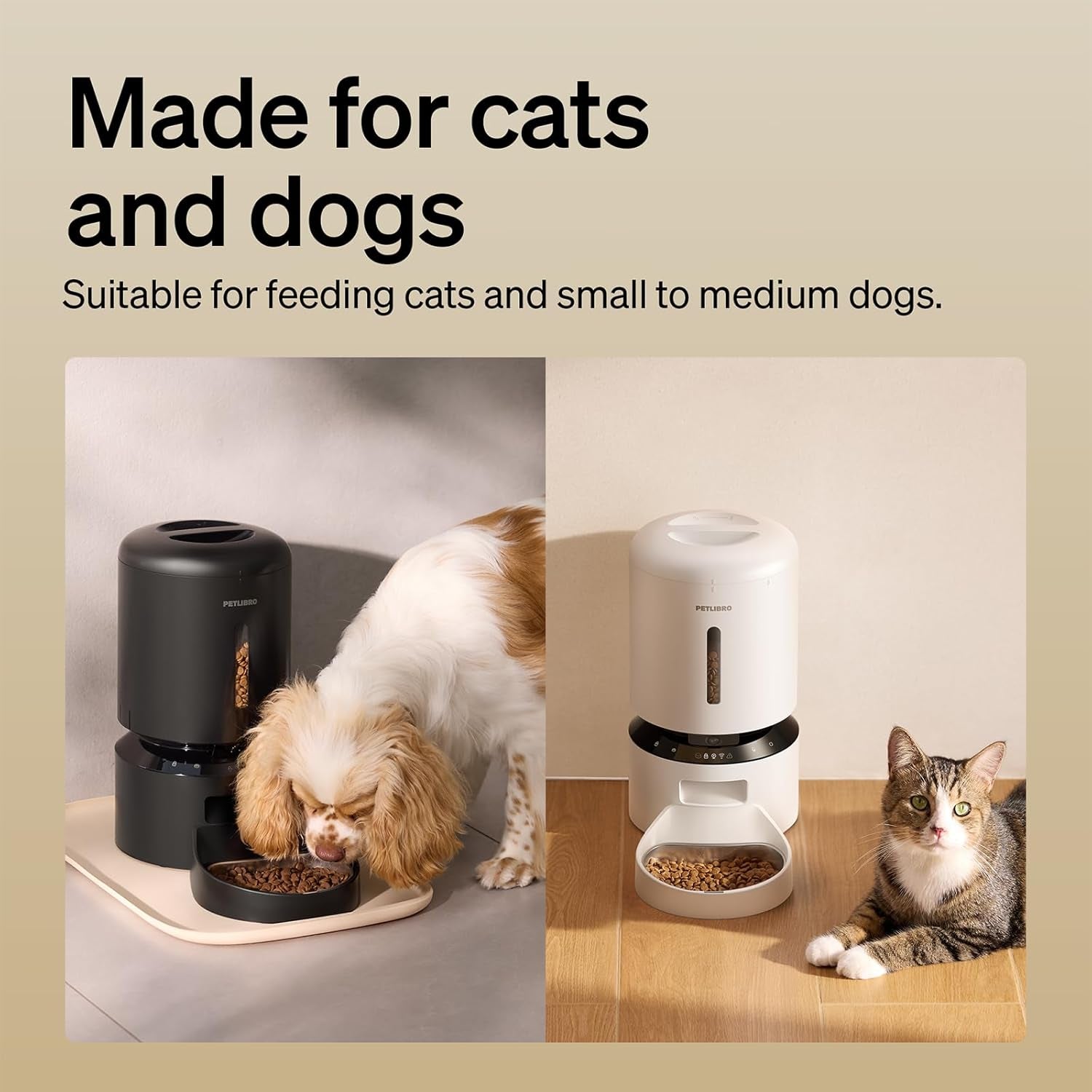 Automatic pet feeder for cats and dogs with smart camera and smartphone live view showing pets eating from the feeder.