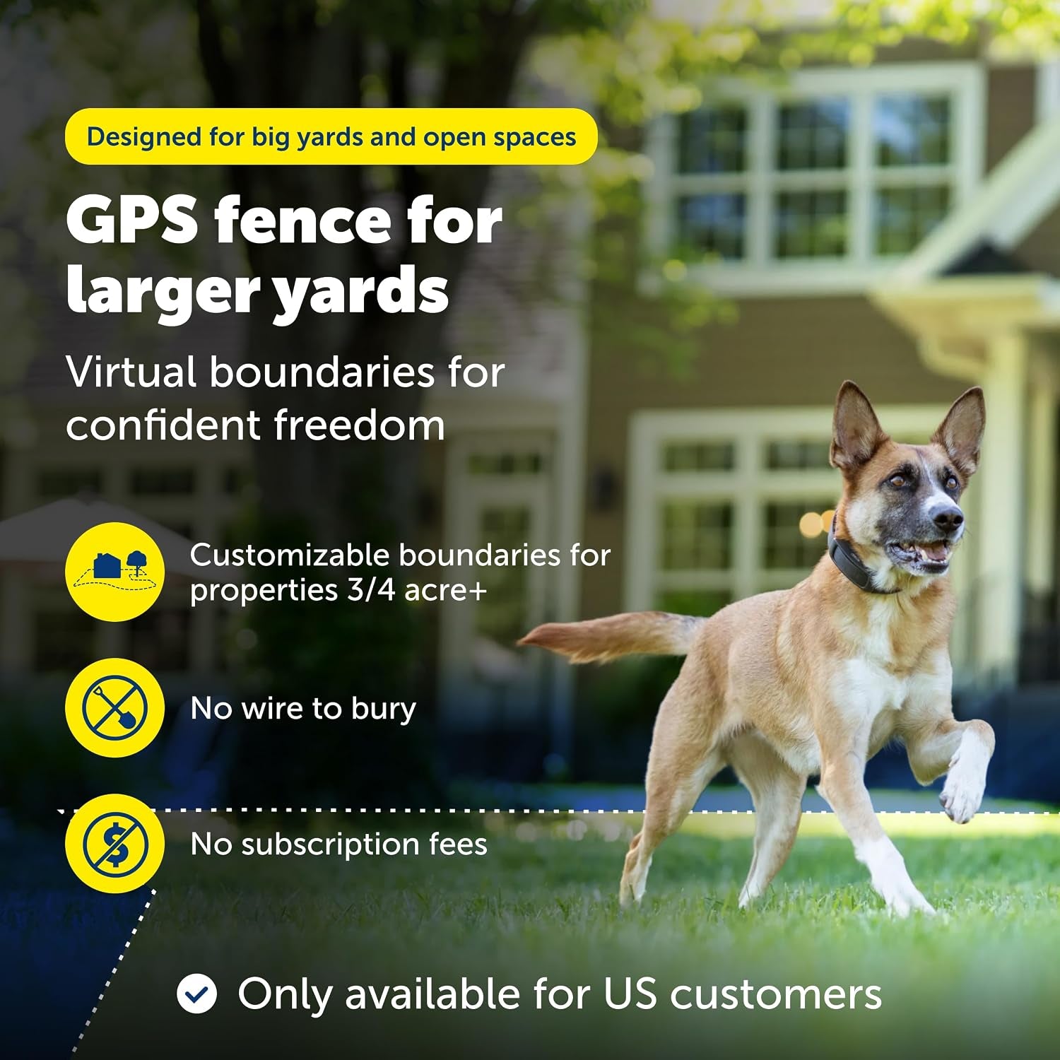  Dog running in a yard wearing a GPS collar with virtual wireless fence for large properties.
